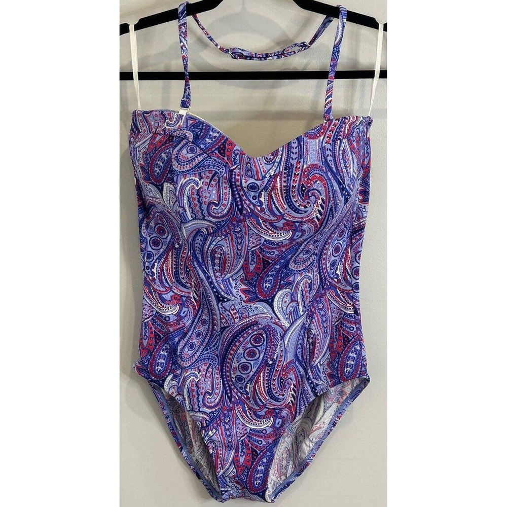 Talbots One Piece Swimsuit Convertible Halter Blue Pink Paisley Print Slim 14